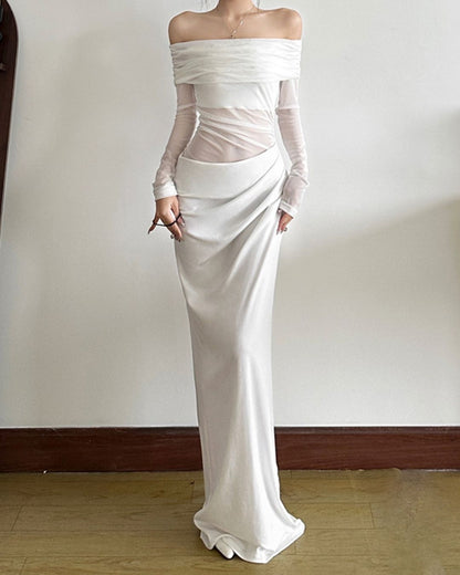 Curvvvy® Elegant Long Sleeve Off Shoulder Ruched Sheer Mesh Dress