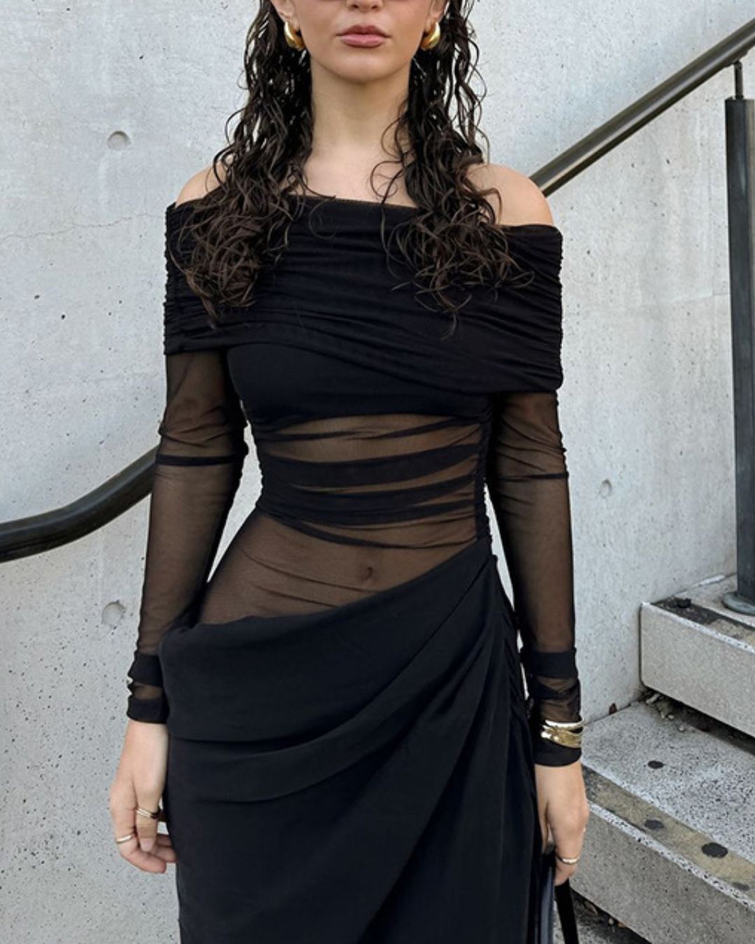 Curvvvy® Elegant Long Sleeve Off Shoulder Ruched Sheer Mesh Dress