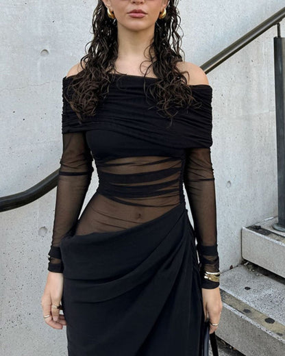 Curvvvy® Elegant Long Sleeve Off Shoulder Ruched Sheer Mesh Dress
