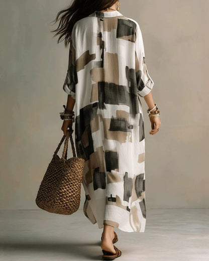 Curvvvy® Boho Abstract Print Button-Front Relaxed Fit Maxi Dress