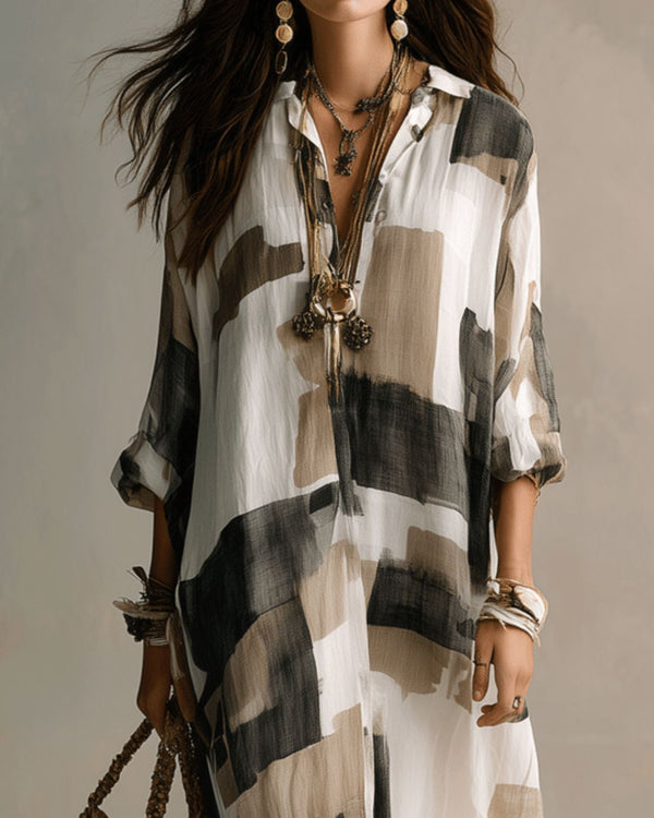 Curvvvy® Boho Abstract Print Button-Front Relaxed Fit Maxi Dress