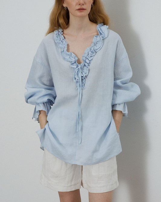 Curvvvy® Linen Romantic Ruffled Puff Sleeve Shirt