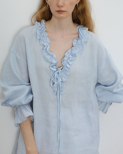 Curvvvy® Linen Romantic Ruffled Puff Sleeve Shirt