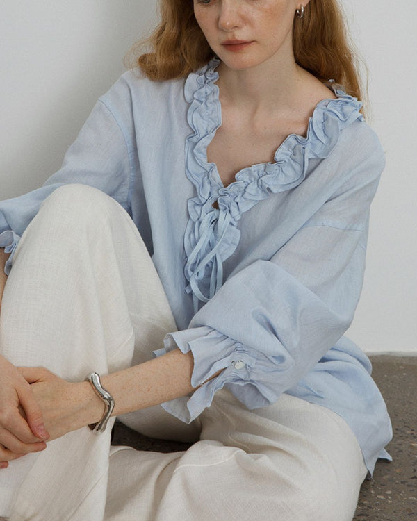 Curvvvy® Linen Romantic Ruffled Puff Sleeve Shirt