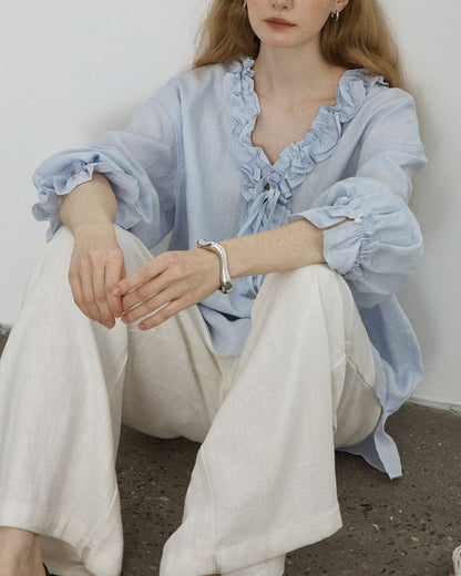 Curvvvy® Linen Romantic Ruffled Puff Sleeve Shirt
