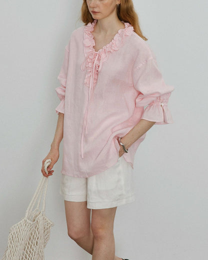 Curvvvy® Linen Romantic Ruffled Puff Sleeve Shirt