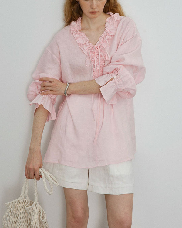 Curvvvy® Linen Romantic Ruffled Puff Sleeve Shirt
