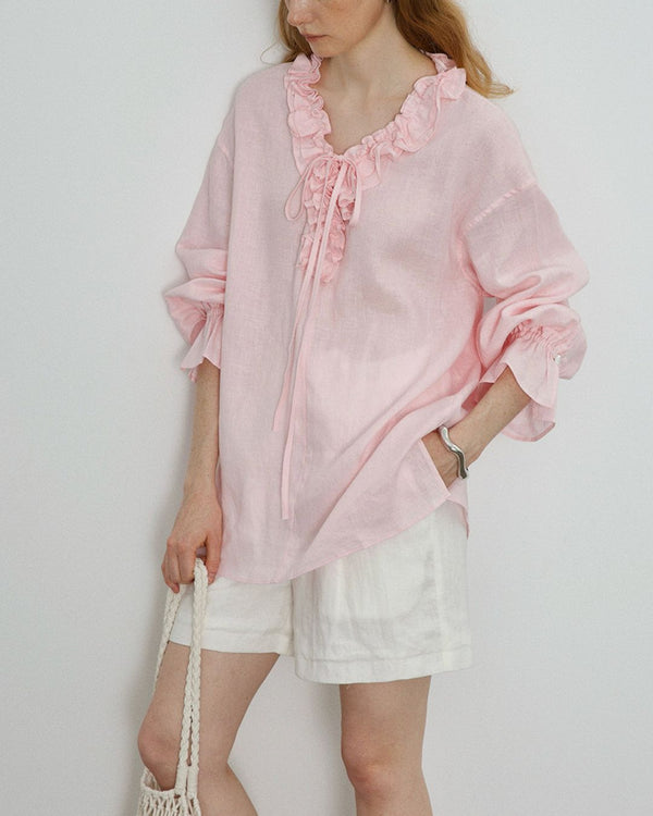 Curvvvy® Linen Romantic Ruffled Puff Sleeve Shirt