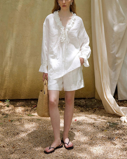 Curvvvy® Linen Romantic Ruffled Puff Sleeve Shirt