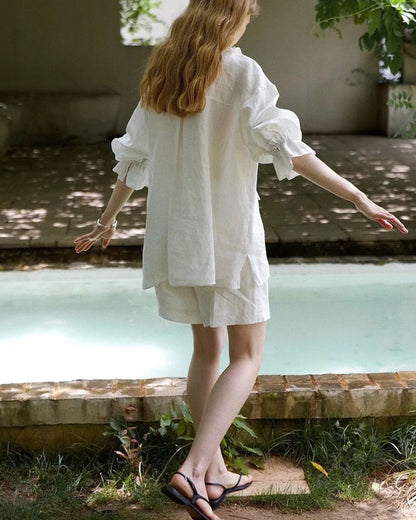 Curvvvy® Linen Romantic Ruffled Puff Sleeve Shirt
