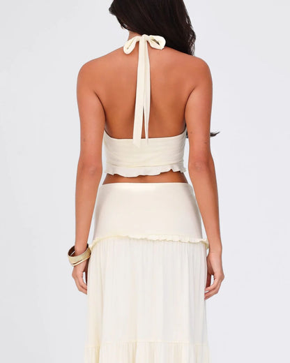 Curvvvy®  Plunge Halter Neck Crop Top & Ruched Skirt Two-piece Set