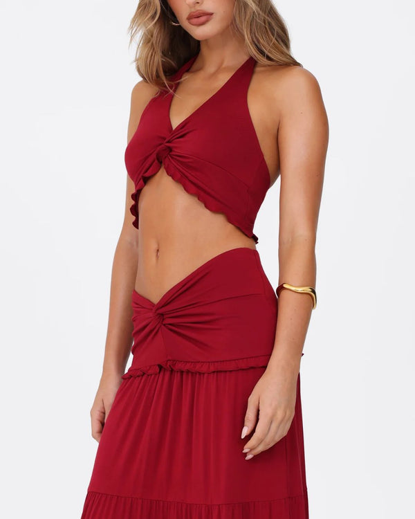 Curvvvy®  Plunge Halter Neck Crop Top & Ruched Skirt Two-piece Set