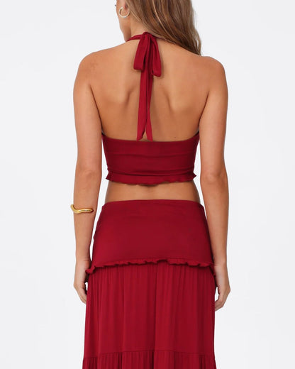 Curvvvy®  Plunge Halter Neck Crop Top & Ruched Skirt Two-piece Set