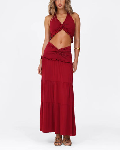 Curvvvy®  Plunge Halter Neck Crop Top & Ruched Skirt Two-piece Set
