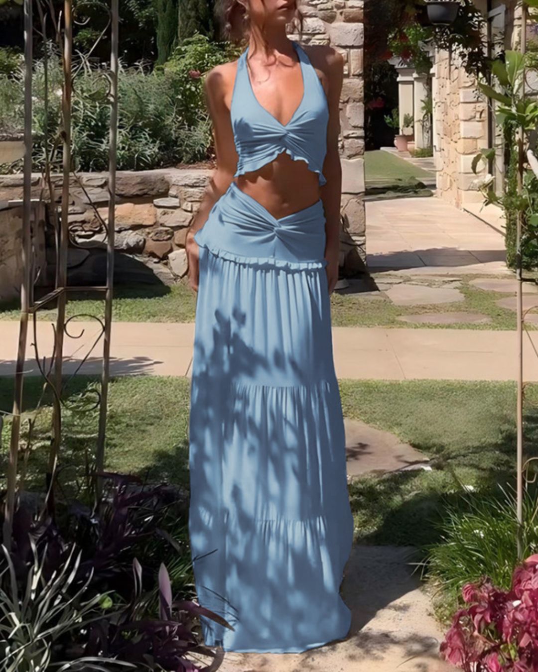 Curvvvy®  Plunge Halter Neck Crop Top & Ruched Skirt Two-piece Set