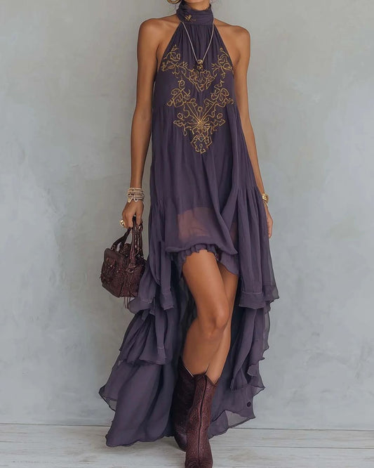 Curvvvy®  Retro Halter Neck Irregular Ruffle Maxi Dress