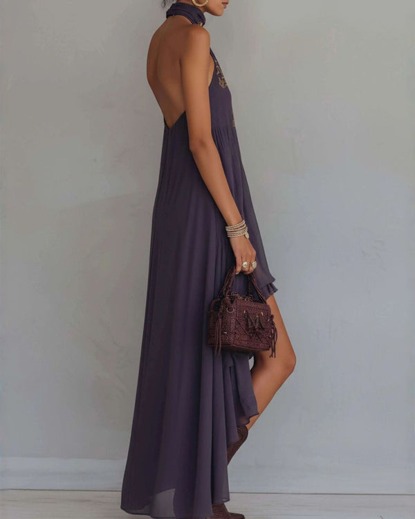 Curvvvy®  Retro Halter Neck Irregular Ruffle Maxi Dress