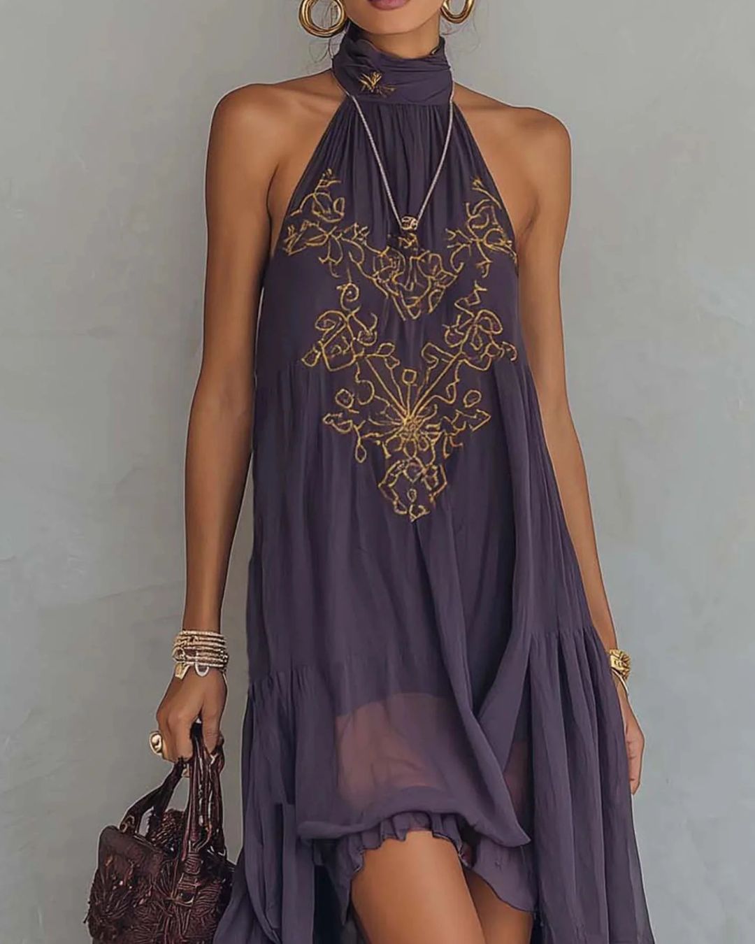 Curvvvy®  Retro Halter Neck Irregular Ruffle Maxi Dress