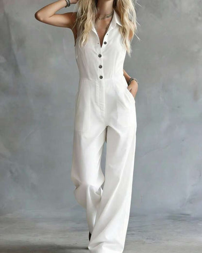 Curvvvy® Sleeveless Solid Color Shirt-Style Long Jumpsuit