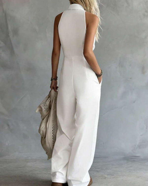 Curvvvy® Sleeveless Solid Color Shirt-Style Long Jumpsuit