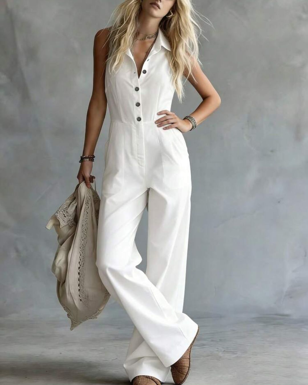 Curvvvy® Sleeveless Solid Color Shirt-Style Long Jumpsuit