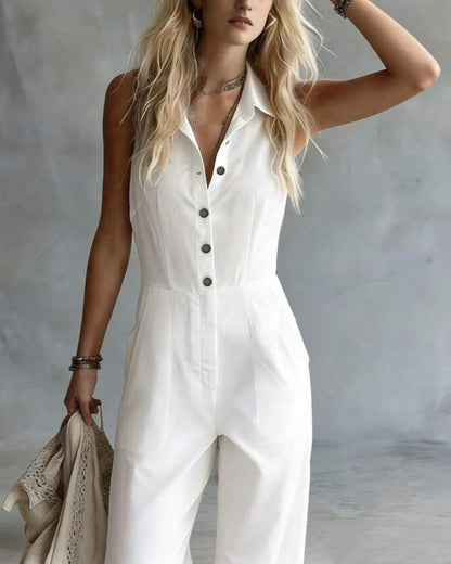 Curvvvy® Sleeveless Solid Color Shirt-Style Long Jumpsuit