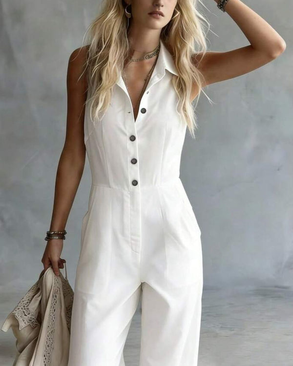 Curvvvy® Sleeveless Solid Color Shirt-Style Long Jumpsuit