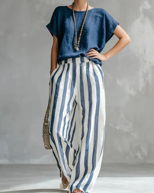 Curvvvy® Cozy Loose-fit Striped Cotton-linen Two-piece Set