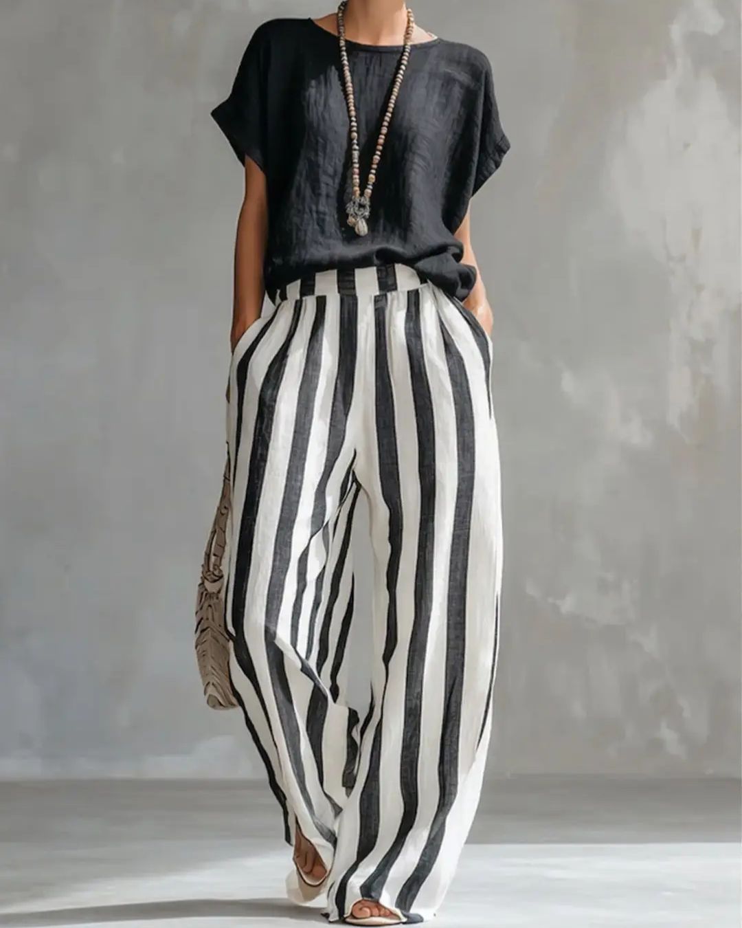 Curvvvy® Cozy Loose-fit Striped Cotton-linen Two-piece Set