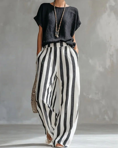 Curvvvy® Cozy Loose-fit Striped Cotton-linen Two-piece Set