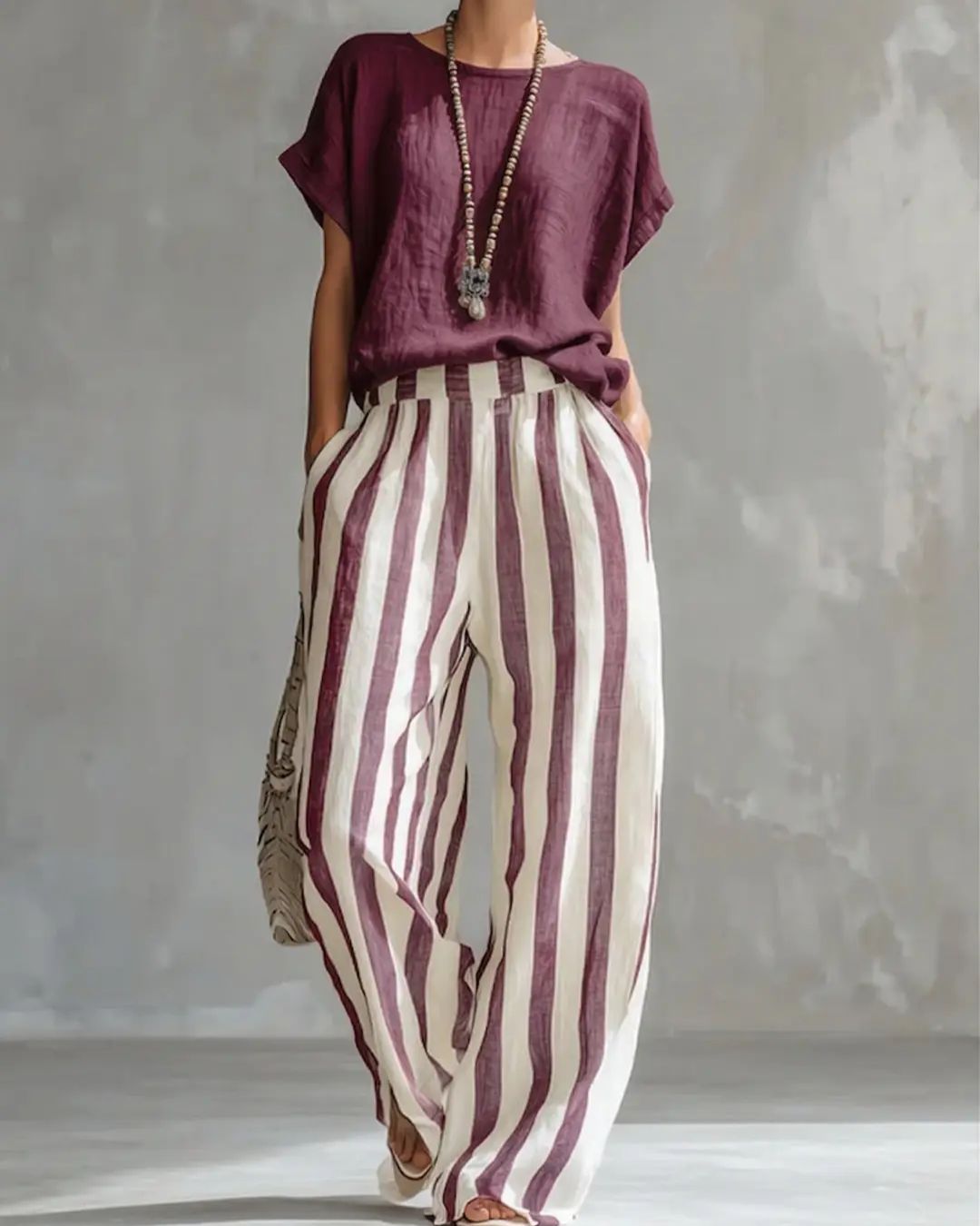 Curvvvy® Cozy Loose-fit Striped Cotton-linen Two-piece Set
