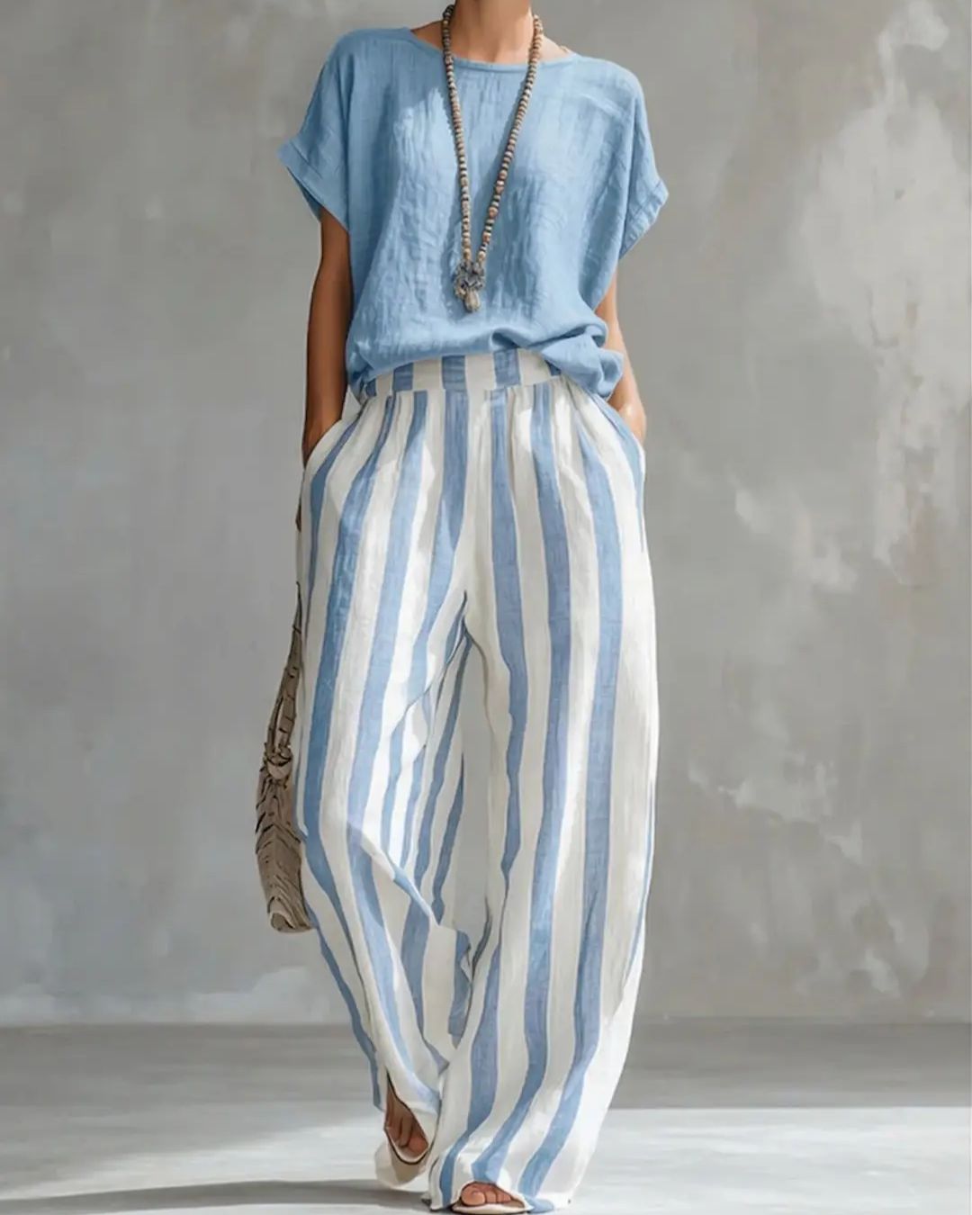 Curvvvy® Cozy Loose-fit Striped Cotton-linen Two-piece Set