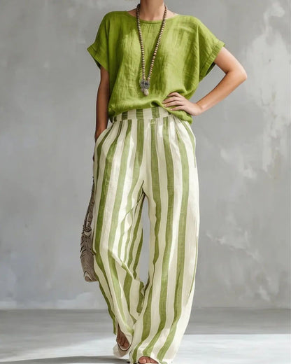 Curvvvy® Cozy Loose-fit Striped Cotton-linen Two-piece Set