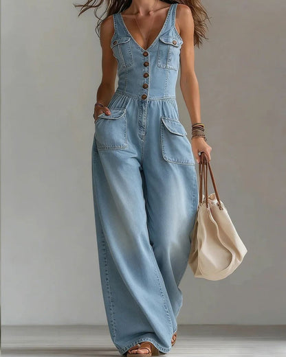 Curvvvy® Washed Denim Loose-Fit Sleeveless Jumpsuit with Straps