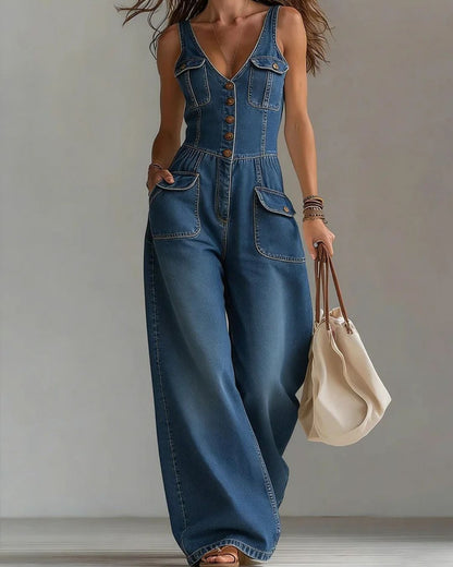 Curvvvy® Washed Denim Loose-Fit Sleeveless Jumpsuit with Straps