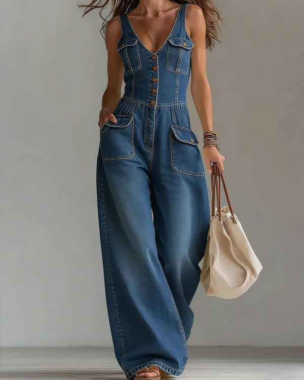 Curvvvy® Washed Denim Loose-Fit Sleeveless Jumpsuit with Straps