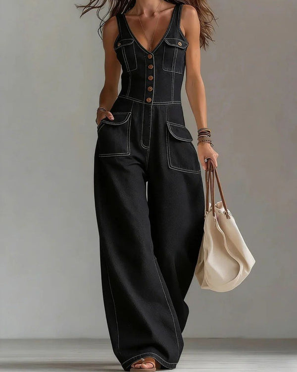 Curvvvy® Washed Denim Loose-Fit Sleeveless Jumpsuit with Straps