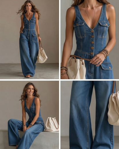 Curvvvy® Washed Denim Loose-Fit Sleeveless Jumpsuit with Straps