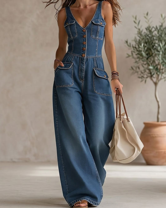 Curvvvy® Washed Denim Loose-Fit Sleeveless Jumpsuit with Straps