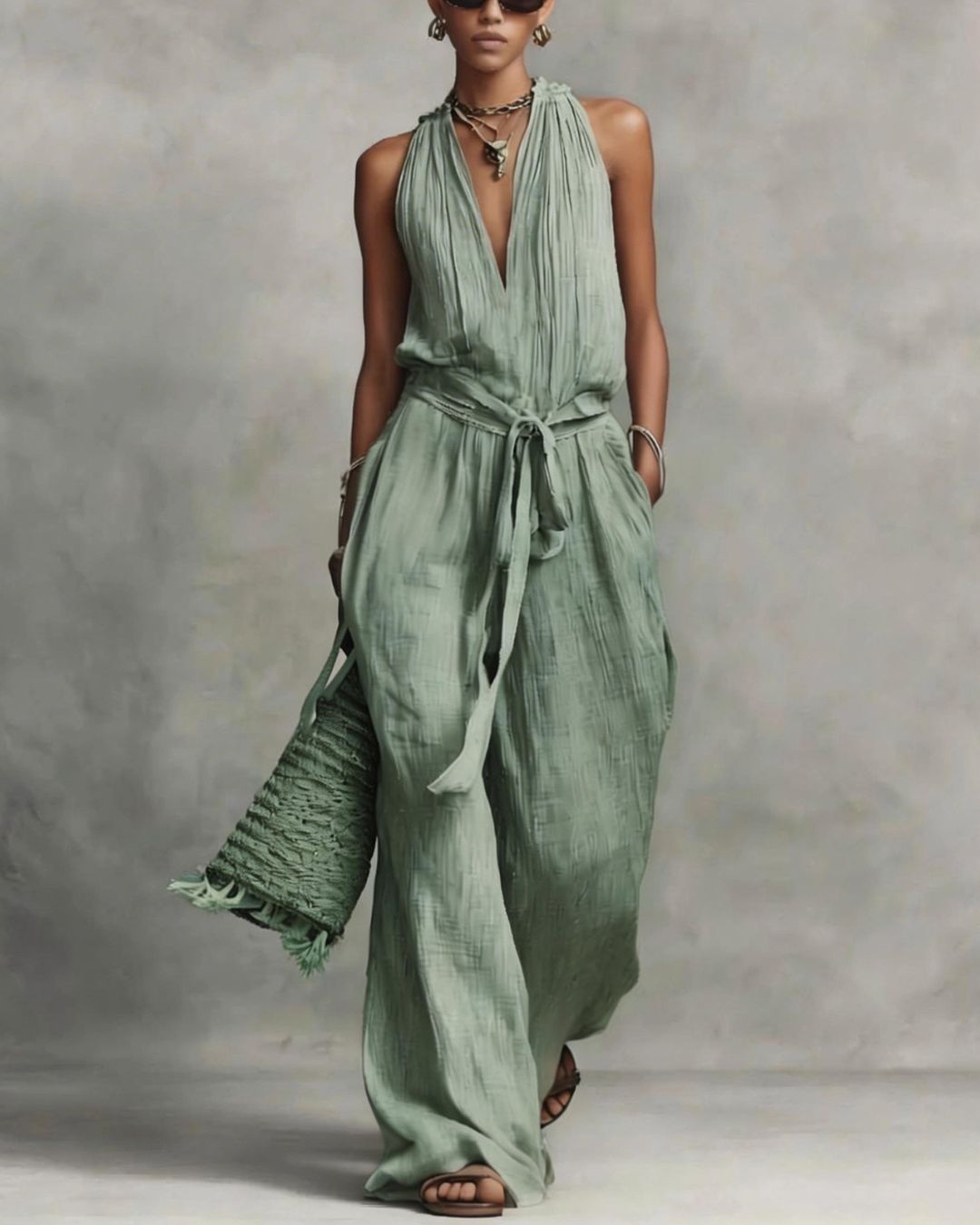 Curvvvy® Deep V Halter Jumpsuit Adjustable Tie Waist Wide Leg Boho Resort Outfit