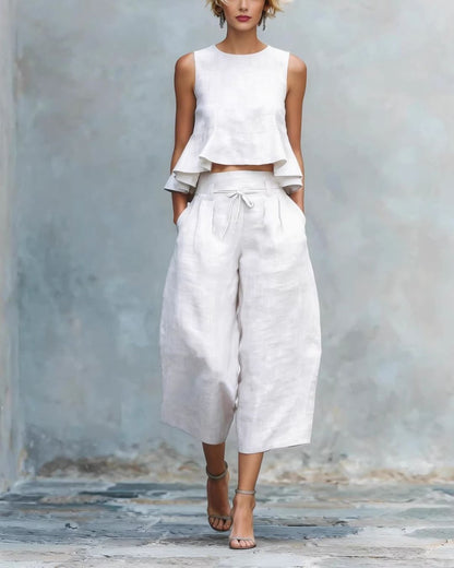 Curvvvy® Blush Pink Linen Two-Piece Set Ruffle Detail Lightweight Breathable Romantic Summer Outfit