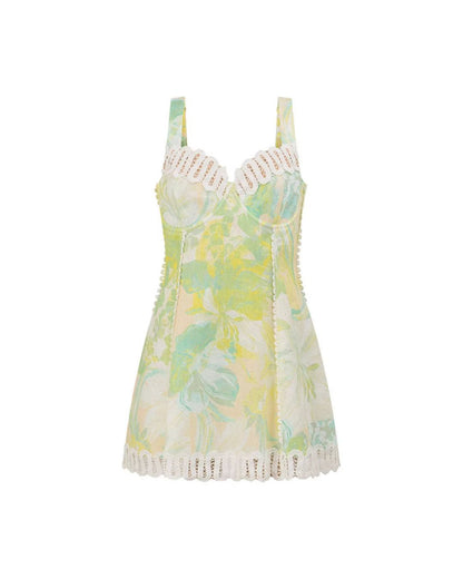 Curvvvy® Floral Print Crochet Zig Zag Trim Back Lace-up Mini Dress