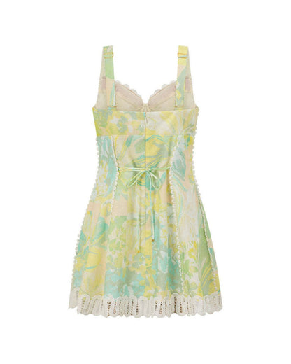 Curvvvy® Floral Print Crochet Zig Zag Trim Back Lace-up Mini Dress