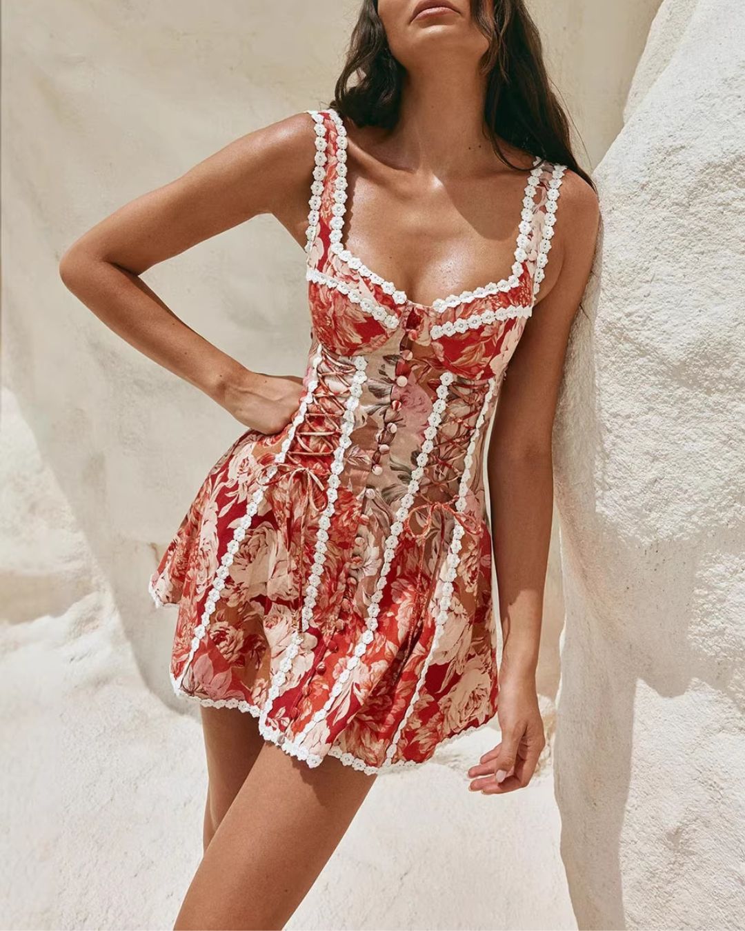 Curvvvy® Vintage Cottagecore Red Floral Corset Lace-Up Mini Dress Button Front Lace Trim