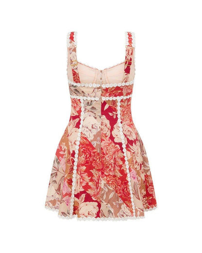 Curvvvy® Vintage Cottagecore Red Floral Corset Lace-Up Mini Dress Button Front Lace Trim