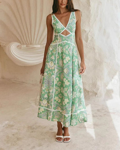 Curvvvy® Mint Green Heritage Print Linen Maxi Dress Low Back Strappy Detail Ric Rac Trim