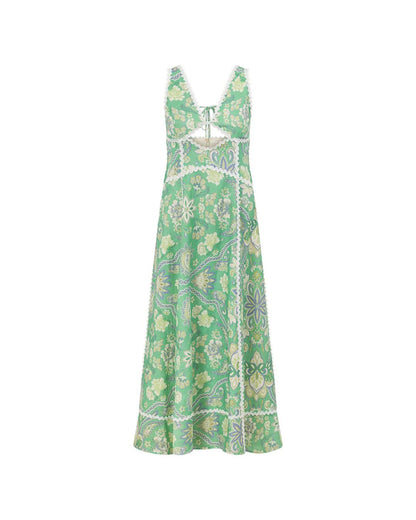 Curvvvy® Mint Green Heritage Print Linen Maxi Dress Low Back Strappy Detail Ric Rac Trim