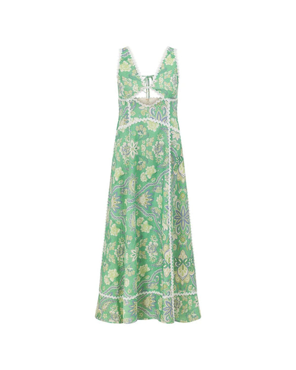 Curvvvy® Mint Green Heritage Print Linen Maxi Dress Low Back Strappy Detail Ric Rac Trim