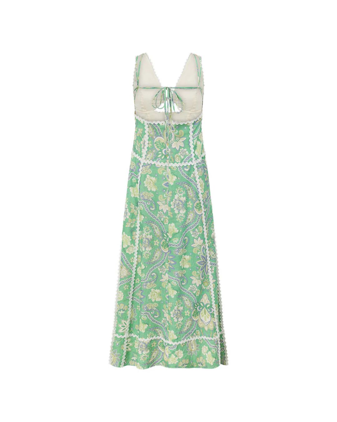 Curvvvy® Mint Green Heritage Print Linen Maxi Dress Low Back Strappy Detail Ric Rac Trim