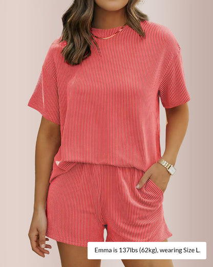 Curvvvy® Ribbed Knit 2-Piece Lounge Set Short Sleeve Top & Shorts